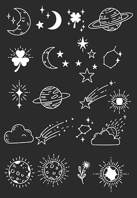 구름 꽃 별 라인일러스트 일러스트 사람없음 반짝임 세트 태양 검은색 별자리 행성 네잎클로버 초승달 라인아트 오브젝트 눈모양 운석 세잎클로버 키치 국내일러스트 AI파일 자연요소 모양 식물 선 컬러 컨셉 모션 우주 달 클로버 파일형식 벡터