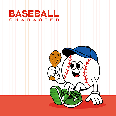 캐릭터 운동화 일러스트 미소 들기 앉기 사람없음 빨간색 귀여움 프라이드치킨 야구 먹기 야구공 야구모자 닭다리 일러캐릭터 AI파일 모자_잡화 컬러 신발 컨셉 공 모션 표정 구기 치킨 야구용품 파일형식 벡터