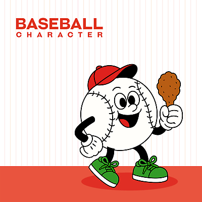 캐릭터 행복 허리손 운동화 일러스트 미소 들기 사람없음 빨간색 귀여움 프라이드치킨 야구 야구공 야구모자 닭다리 일러캐릭터 AI파일 모자_잡화 감정 컬러 포즈 신발 컨셉 공 모션 표정 구기 치킨 야구용품 파일형식 벡터