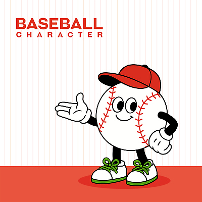 캐릭터 허리손 운동화 일러스트 미소 사람없음 빨간색 귀여움 야구 가리킴 야구공 야구모자 일러캐릭터 AI파일 모자_잡화 컬러 포즈 신발 컨셉 공 표정 손짓 구기 야구용품 파일형식 벡터
