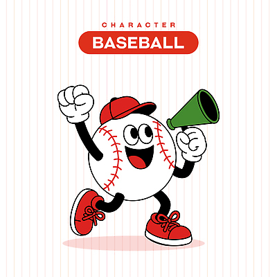 캐릭터 일러스트 응원 미소 들기 사람없음 빨간색 손들기 걷기 확성기 외침 만세 야구 야구공 복고 야구모자 일러캐릭터 AI파일 모자_잡화 컬러 공 모션 표정 구기 소리 야구용품 파일형식 벡터
