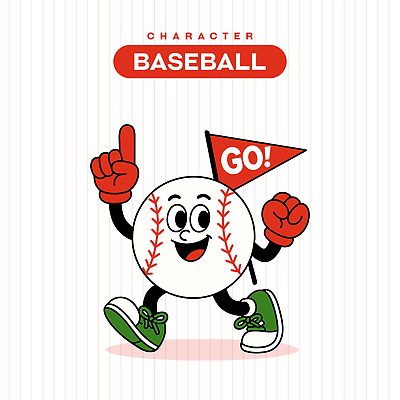 캐릭터 장갑 일러스트 응원 미소 사람없음 빨간색 손들기 걷기 야구 가리킴 깃발 야구공 복고 일러캐릭터 AI파일 잡화 컬러 공 모션 표정 손짓 구기 야구용품 파일형식 벡터