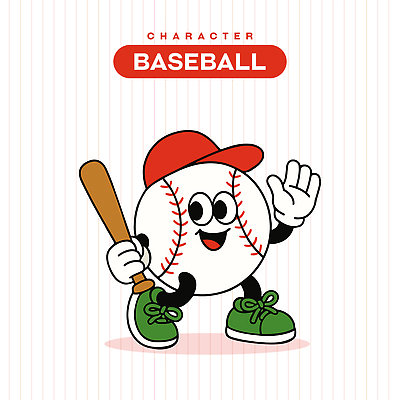 캐릭터 일러스트 미소 들기 사람없음 빨간색 손들기 걷기 야구방망이 타자 야구공 복고 손인사 야구모자 일러캐릭터 AI파일 모자_잡화 컬러 공 모션 표정 야구용품 야구선수 인사 파일형식 벡터