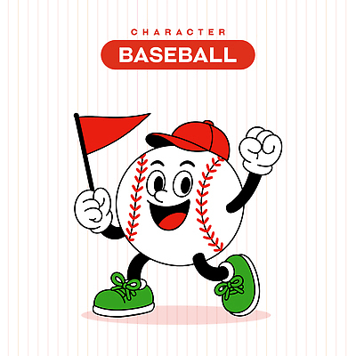 캐릭터 일러스트 응원 미소 들기 사람없음 빨간색 손들기 걷기 파이팅 야구 깃발 야구공 복고 야구모자 일러캐릭터 AI파일 모자_잡화 컬러 공 모션 표정 구기 야구용품 파일형식 벡터