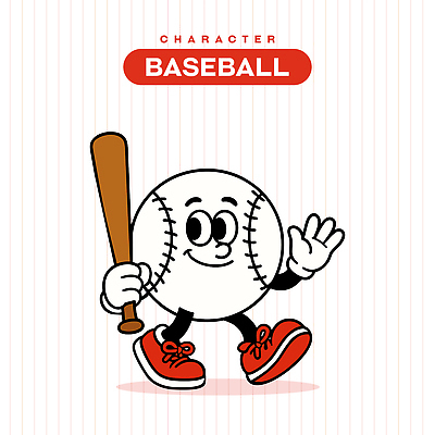 캐릭터 일러스트 미소 들기 사람없음 빨간색 손들기 걷기 야구방망이 타자 야구공 복고 손인사 일러캐릭터 AI파일 컬러 공 모션 표정 야구용품 야구선수 인사 파일형식 벡터