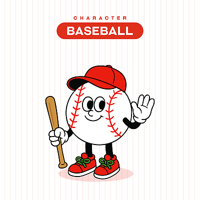캐릭터 일러스트 미소 들기 사람없음 빨간색 손들기 야구방망이 타자 야구공 복고 손인사 야구모자 일러캐릭터 AI파일 모자_잡화 컬러 공 모션 표정 야구용품 야구선수 인사 파일형식 벡터