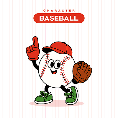 캐릭터 장갑 일러스트 미소 사람없음 빨간색 손들기 걷기 야구 야구글러브 야구공 복고 야구모자 일러캐릭터 AI파일 모자_잡화 잡화 컬러 공 모션 표정 구기 야구용품 글러브 파일형식 벡터