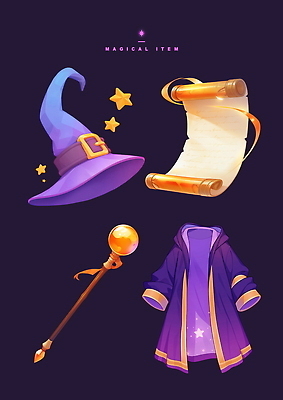 PSD 별 리본 일러스트 사람없음 세트 보라색 검은색 마법사 게임 두루마리 오브젝트 아이템 마법봉 마법사모자 마법사복장 양피지 국내일러스트 자연요소 모자_잡화 컬러 놀이 파일형식