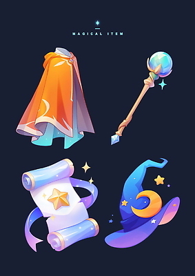 PSD 별 리본 일러스트 사람없음 반짝임 세트 검은색 마법사 달 게임 망토 두루마리 오브젝트 아이템 마법봉 마법사모자 마법사복장 양피지 국내일러스트 자연요소 모자_잡화 컬러 모션 놀이 파일형식