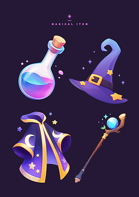 PSD 별 일러스트 사람없음 반짝임 세트 보라색 검은색 마법사 게임 오브젝트 코르크 물약 아이템 마법봉 마법사모자 마법사복장 물약병 국내일러스트 자연요소 모자_잡화 컬러 모션 놀이 약 파일형식
