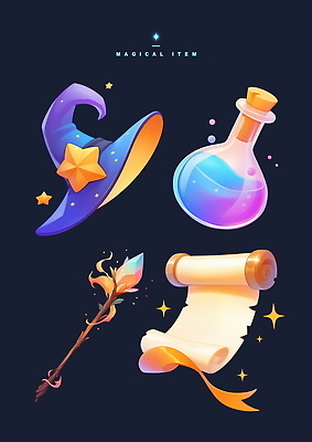 PSD 별 리본 일러스트 사람없음 반짝임 세트 보라색 검은색 마법사 게임 두루마리 오브젝트 코르크 물약 아이템 마법봉 마법사모자 물약병 양피지 국내일러스트 자연요소 모자_잡화 컬러 모션 놀이 약 파일형식