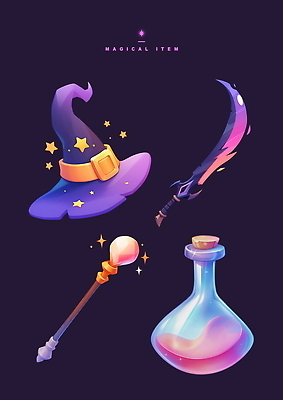 PSD 별 일러스트 사람없음 반짝임 세트 보라색 검은색 마법사 게임 검 오브젝트 코르크 물약 아이템 마법봉 마법사모자 물약병 국내일러스트 자연요소 모자_잡화 무기 컬러 모션 놀이 약 파일형식