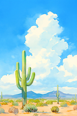 JPG 구름 하늘색 일러스트 자연 하늘 산 선인장 풍경 사람없음 사막 풀 국내일러스트 AI일러스트 AI콘텐츠 자연요소 식물 파란색 생태계 파일형식