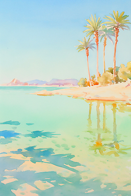 JPG 호수 하늘색 일러스트 자연 하늘 풍경 사람없음 야자수 반사 사막 오아시스 국내일러스트 AI일러스트 AI콘텐츠 나무 파란색 생태계 파일형식