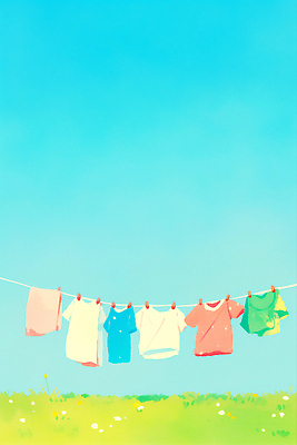 JPG 하늘색 티셔츠 일러스트 하늘 건조 잔디 초원 사람없음 햇빛 평화 맑음 고요 여름풍경 빨래 빨랫줄 감성 빨랫감 국내일러스트 AI일러스트 AI콘텐츠 식물 줄 컨셉 셔츠 가사 날씨 풍경 파란색 태양 파일형식 여름_계절