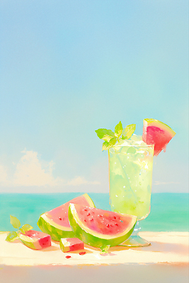JPG 구름 바다 하늘색 일러스트 탁자 하늘 사람없음 햇빛 평화 고요 여름풍경 시원함 감성 냉음료 모히토 수박조각 페퍼민트 수평선 국내일러스트 AI일러스트 AI콘텐츠 자연요소 음료 조각 가구 컨셉 수박 풍경 파란색 태양 칵테일 민트 파일형식 여름_계절