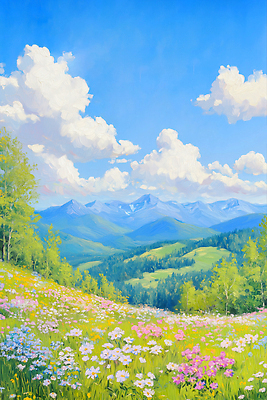 JPG 나무 구름 하늘색 꽃밭 일러스트 유럽풍경 자연 하늘 초원 사람없음 맑음 숲 알프스 유화 화창 산맥 국내일러스트 AI일러스트 AI콘텐츠 자연요소 식물 꽃 유럽 날씨 산 미술 풍경 파란색 생태계 파일형식