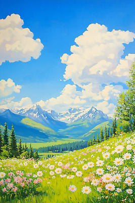 JPG 나무 구름 하늘색 꽃밭 일러스트 유럽풍경 자연 하늘 초원 사람없음 맑음 숲 데이지 알프스 유화 화창 산맥 국내일러스트 AI일러스트 AI콘텐츠 자연요소 식물 꽃 유럽 날씨 산 미술 풍경 파란색 생태계 파일형식