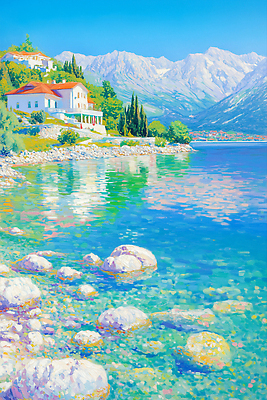 JPG 나무 구름 호수 하늘색 일러스트 유럽풍경 자연 하늘 산 주택 사람없음 마을 맑음 바위 투명 알프스 유화 화창 국내일러스트 AI일러스트 AI콘텐츠 자연요소 식물 유럽 날씨 미술 풍경 건물 파란색 돌_바위 생태계 파일형식