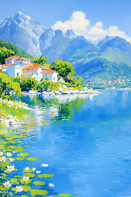 JPG 나무 구름 꽃 호수 하늘색 일러스트 유럽풍경 자연 하늘 산 주택 사람없음 마을 맑음 알프스 유화 화창 국내일러스트 AI일러스트 AI콘텐츠 자연요소 식물 유럽 날씨 미술 풍경 건물 파란색 생태계 파일형식