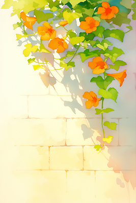 JPG 잎 일러스트 그림자 사람없음 담장 햇빛 여름풍경 덩굴 능소화 국내일러스트 AI일러스트 AI콘텐츠 식물 꽃 풍경 태양 파일형식 여름_계절