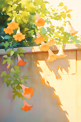 JPG 잎 일러스트 그림자 사람없음 담장 햇빛 여름풍경 덩굴 능소화 국내일러스트 AI일러스트 AI콘텐츠 식물 꽃 풍경 태양 파일형식 여름_계절