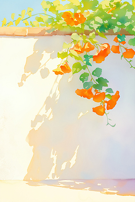 JPG 잎 일러스트 그림자 사람없음 담장 햇빛 여름풍경 덩굴 능소화 국내일러스트 AI일러스트 AI콘텐츠 식물 꽃 풍경 태양 파일형식 여름_계절