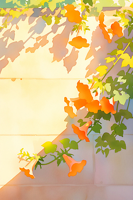 JPG 잎 일러스트 그림자 사람없음 담장 햇빛 여름풍경 덩굴 능소화 국내일러스트 AI일러스트 AI콘텐츠 식물 꽃 풍경 태양 파일형식 여름_계절