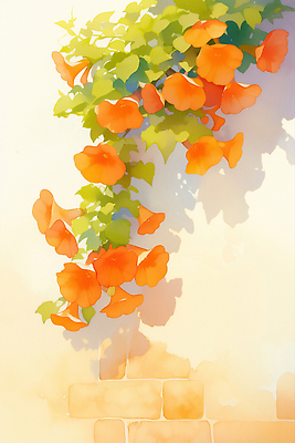 JPG 잎 일러스트 그림자 사람없음 담장 햇빛 여름풍경 덩굴 능소화 국내일러스트 AI일러스트 AI콘텐츠 식물 꽃 풍경 태양 파일형식 여름_계절