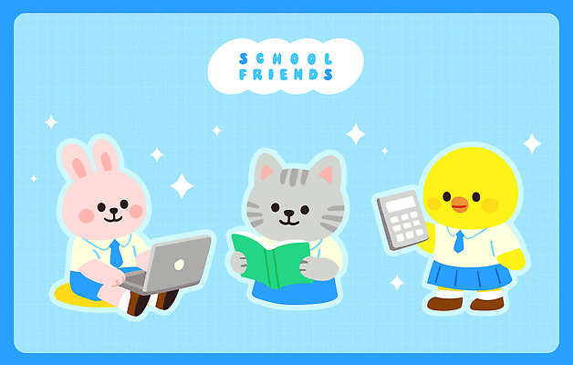 교복 하늘색 일러스트 넥타이 미소 들기 앉기 사람없음 책 여름 친구 노트북 반짝임 학습 독서 스쿨라이프 귀여움 계산기 토끼캐릭터 고양이캐릭터 병아리캐릭터 하복 일러캐릭터 AI파일 캐릭터 라이프스타일 잡화 옷 계절 교육 동물캐릭터 컨셉 학교 관계 모션 문구용품 표정 병아리 파란색 전자제품 고양이 장비 토끼 여름옷 파일형식 벡터