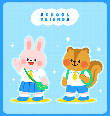 교복 하늘색 일러스트 넥타이 책가방 미소 사람없음 여름 친구 반짝임 스쿨라이프 손들기 귀여움 토끼캐릭터 크로스백 손인사 하복 일러캐릭터 다람쥐캐릭터 AI파일 캐릭터 라이프스타일 잡화 옷 계절 동물캐릭터 컨셉 가방 학교 관계 모션 표정 파란색 토끼 인사 다람쥐 여름옷 파일형식 벡터