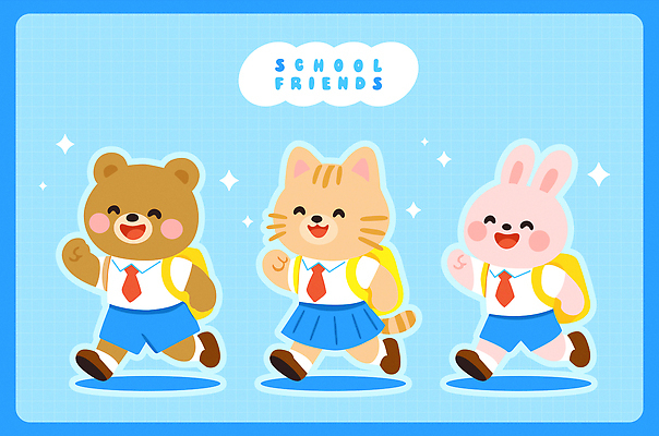 행복 교복 하늘색 일러스트 넥타이 책가방 미소 사람없음 여름 친구 반짝임 달리기 스쿨라이프 귀여움 즐거움 토끼캐릭터 곰캐릭터 고양이캐릭터 나란히 하복 일러캐릭터 AI파일 캐릭터 라이프스타일 잡화 옷 계절 감정 동물캐릭터 컨셉 가방 곰 학교 관계 모션 표정 파란색 고양이 토끼 여름옷 파일형식 벡터