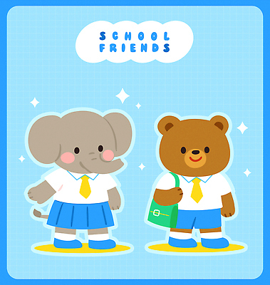 교복 하늘색 일러스트 넥타이 책가방 미소 들기 사람없음 여름 친구 반짝임 스쿨라이프 귀여움 곰캐릭터 코끼리캐릭터 하복 일러캐릭터 AI파일 캐릭터 라이프스타일 잡화 옷 계절 동물캐릭터 컨셉 가방 곰 학교 관계 모션 코끼리 표정 파란색 여름옷 파일형식 벡터