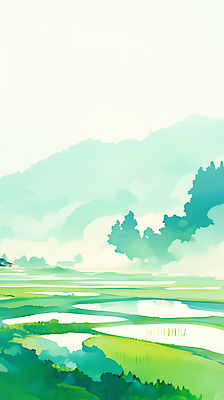 JPG 나무 일러스트 수채화 산 사람없음 초록색 평화 고요 여름풍경 시골 논밭 국내일러스트 AI일러스트 AI콘텐츠 식물 컬러 컨셉 밭 논 풍경 파일형식 여름_계절