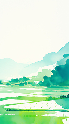 JPG 나무 일러스트 수채화 산 사람없음 초록색 평화 고요 여름풍경 시골 논밭 국내일러스트 AI일러스트 AI콘텐츠 식물 컬러 컨셉 밭 논 풍경 파일형식 여름_계절