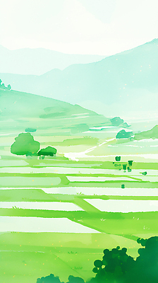 JPG 나무 일러스트 수채화 산 사람없음 초록색 평화 고요 여름풍경 시골 논밭 국내일러스트 AI일러스트 AI콘텐츠 식물 컬러 컨셉 밭 논 풍경 파일형식 여름_계절
