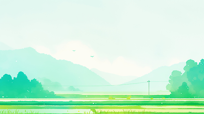JPG 나무 일러스트 조류 수채화 산 사람없음 초록색 평화 고요 여름풍경 시골 전봇대 논밭 국내일러스트 AI일러스트 AI콘텐츠 식물 동물 공공시설 컬러 컨셉 밭 논 풍경 파일형식 여름_계절