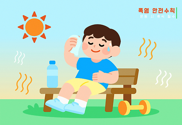 전신 남자 하늘색 벤치 일러스트 휴식 한명 미소 앉기 성인 여름 운동 태양 아령 생수 손수건 닦기 성인남자한명만 땀흘리기 국내일러스트 폭염대비 AI파일 자연요소 1 계절 컨셉 의자 모션 표정 건강 사람 파란색 대비 더위 물병 남자한명만 성인남자만 파일형식 벡터