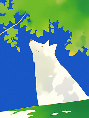 JPG 나무 일러스트 미소 사람없음 여름 파란색 강아지 숲속 시원함 국내일러스트 AI일러스트 AI콘텐츠 식물 계절 컬러 표정 반려동물 개 숲 파일형식