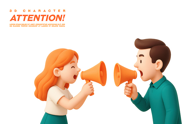 PSD 편집이미지 여자 남자 말하기 미소 들기 상반신 성인 두명 3D 확성기 알림 주목 성인만 편집3D 모션 표정 사람 디지털합성 파일형식