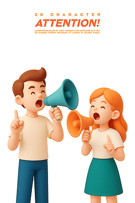 PSD 편집이미지 여자 남자 말하기 미소 들기 성인 두명 3D 확성기 가리킴 알림 주목 성인만 편집3D 모션 표정 사람 손짓 디지털합성 파일형식