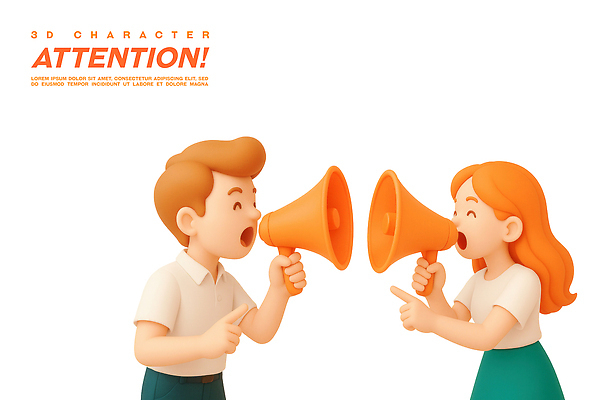 PSD 편집이미지 여자 남자 말하기 미소 들기 상반신 성인 두명 3D 주황색 확성기 가리킴 알림 주목 성인만 편집3D 컬러 모션 표정 사람 손짓 디지털합성 파일형식