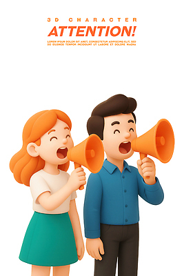 PSD 편집이미지 여자 남자 말하기 미소 들기 성인 두명 3D 확성기 알림 주목 성인만 편집3D 모션 표정 사람 디지털합성 파일형식