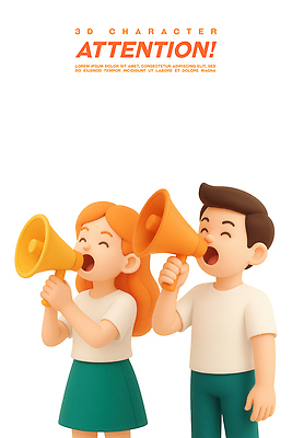 PSD 편집이미지 여자 남자 말하기 미소 들기 성인 두명 3D 확성기 알림 주목 성인만 편집3D 모션 표정 사람 디지털합성 파일형식