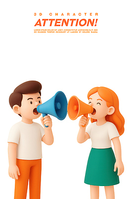 PSD 편집이미지 여자 남자 말하기 미소 들기 성인 두명 3D 확성기 알림 주목 성인만 편집3D 모션 표정 사람 디지털합성 파일형식