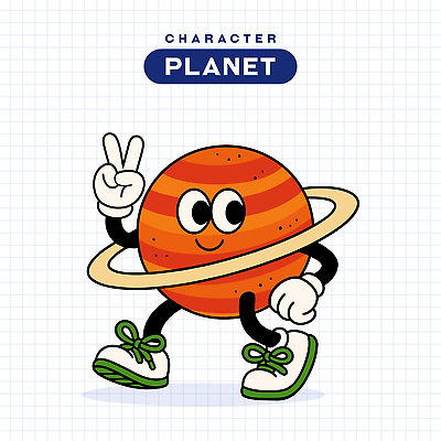 일러스트 미소 사람없음 손들기 걷기 행성 빈티지 고리 복고 브이 일러캐릭터 AI파일 캐릭터 컨셉 모션 표정 손짓 우주 파일형식 벡터