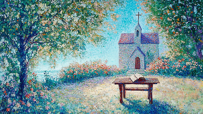 JPG 기독교 바다 십자가 꽃밭 일러스트 탁자 꽃나무 풍경 사람없음 야외 교회 성경 신성 국내일러스트 편집실사 AI일러스트 AI콘텐츠 나무 꽃 종교 가구 종교용품 종교건축 건물 CG 파일형식