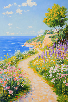 JPG 나무 구름 일러스트 자연 하늘 해변 사람없음 여름풍경 산책로 들꽃 분위기 유화 국내일러스트 AI일러스트 AI콘텐츠 자연요소 식물 꽃 길 바다 컨셉 미술 풍경 생태계 파일형식 여름_계절