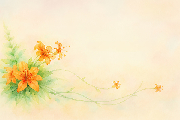 JPG 줄기 꽃백그라운드 일러스트 수채화 사람없음 주황색 풀잎 분위기 백합 꽃프레임 파스텔톤 카피스페이스 국내일러스트 AI일러스트 AI콘텐츠 식물 꽃 컬러 백그라운드 컨셉 잎 프레임 공백 풀_식물 파일형식