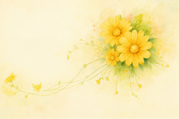 JPG 줄기 꽃백그라운드 일러스트 수채화 사람없음 노란색 풀잎 분위기 꽃봉오리 데이지 꽃프레임 파스텔톤 국내일러스트 AI일러스트 AI콘텐츠 식물 꽃 컬러 백그라운드 컨셉 잎 프레임 풀_식물 파일형식